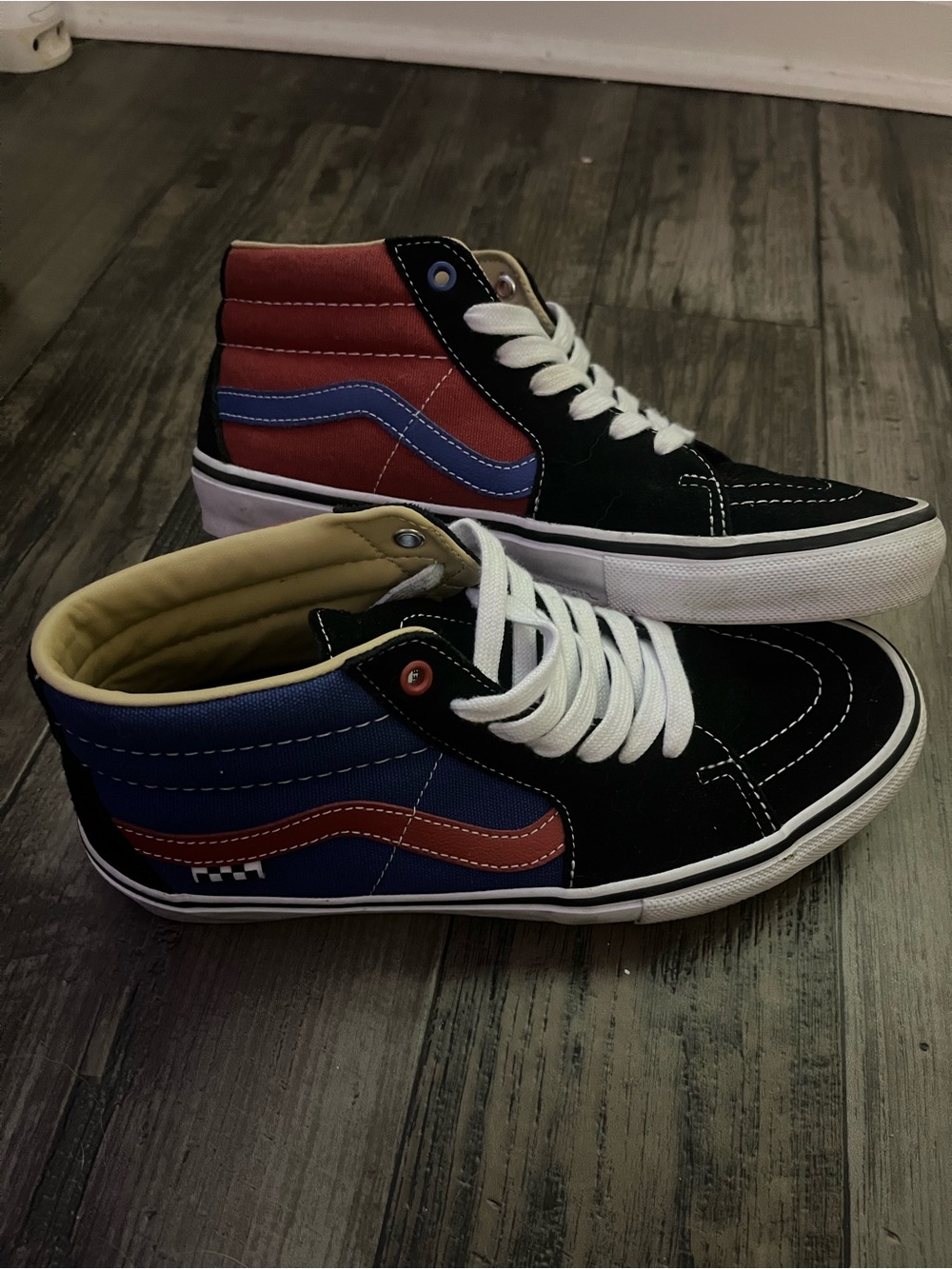 Vans High-Top Sneakers in Black, Blue & Red